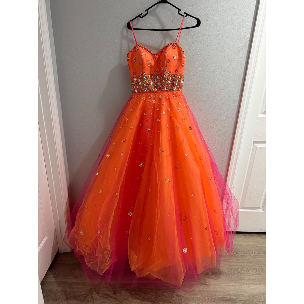 Mori Lee Madeline Gardner Orange Pink Tulle Beaded Prom Ball Gown Dress 7/8